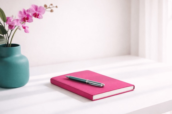 A raspberry notebook and teal pen beside an orchid in a teal vase.